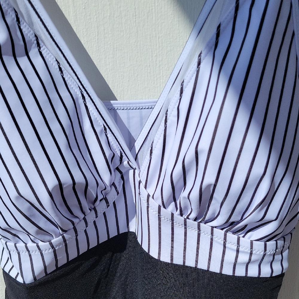 Striped Black and White One Piece Swimsuit With Shirred Sides Over Skirt - Picture 4 of 9